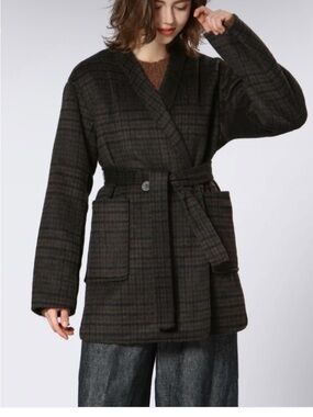Plaid Belted Wrap Pea Coat - Dark Brown/Gray
